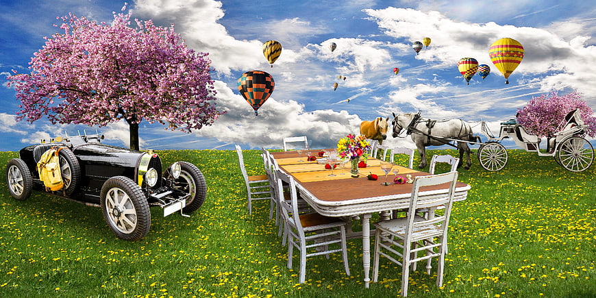 Surreal Spring Picnic With Vintage Car, Horse Carriage, And Hot Air Balloons