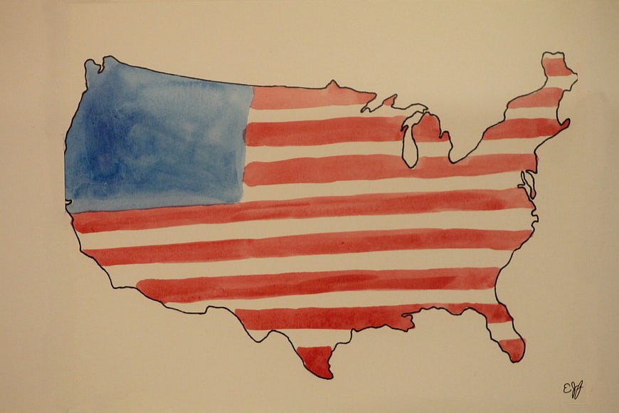 Watercolor Painting of United States Map with American Flag Design