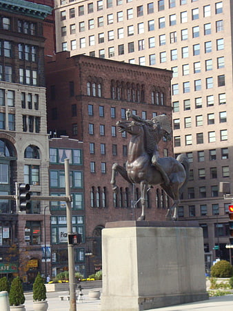 Bronze Native American Equestrian Statue in Chicago City Square