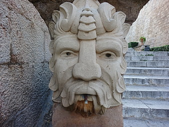 Ancient Stone Gargoyle Fountain Head Sculpture Detail