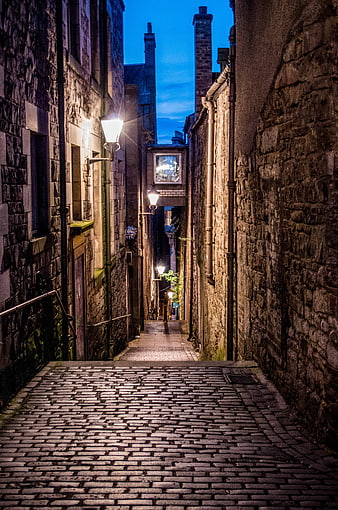 Cobblestone Alley in Edinburgh at Blue Hour