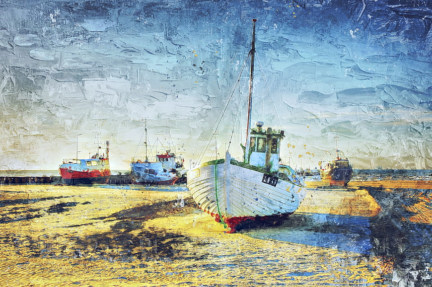 Artistic digital painting of fishing boats in harbor