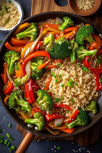 Overhead View of Colorful Vegetable Stir-Fry with Rice in Pan