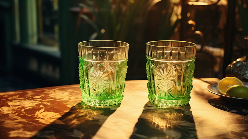 Vintage Green Cut Glass Tumblers on Wooden Table