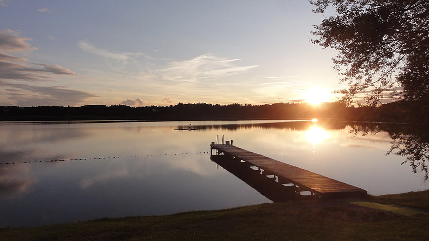 Serene Lake Sunset with Wooden Dock and Tree Silhouette