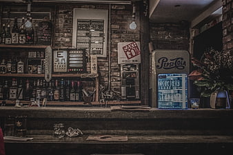 Vintage Japanese Bar Interior with Sake Bottles and Pepsi Fridge