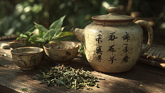 Rustic Ceramic Teapot with Green Tea Leaves on Wooden Table