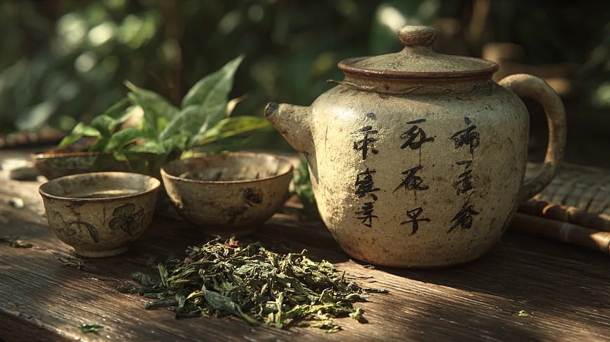 Rustic Ceramic Teapot with Green Tea Leaves on Wooden Table