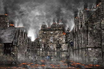 Apocalyptic burning stone buildings with smoke and fire