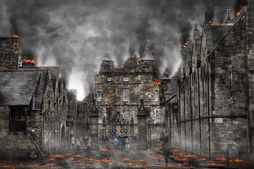 Apocalyptic burning stone buildings with smoke and fire