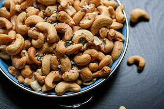 Roasted Rosemary Cashews in Blue Bowl