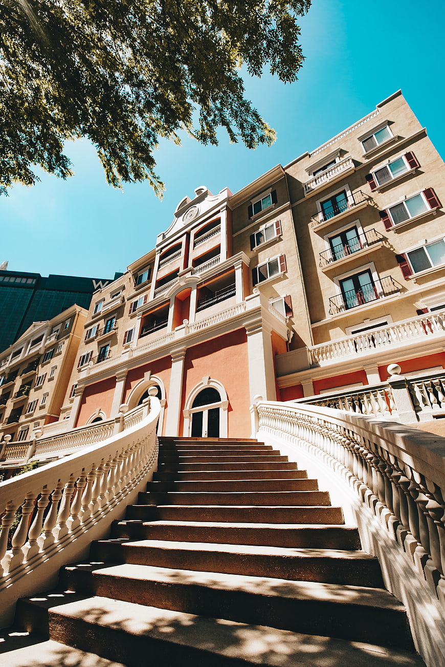 Low angle view of grand staircase leading to historic building