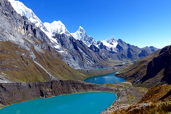 Turquoise Glacial Lakes and Snowy Peaks in Huayhuash, Peru