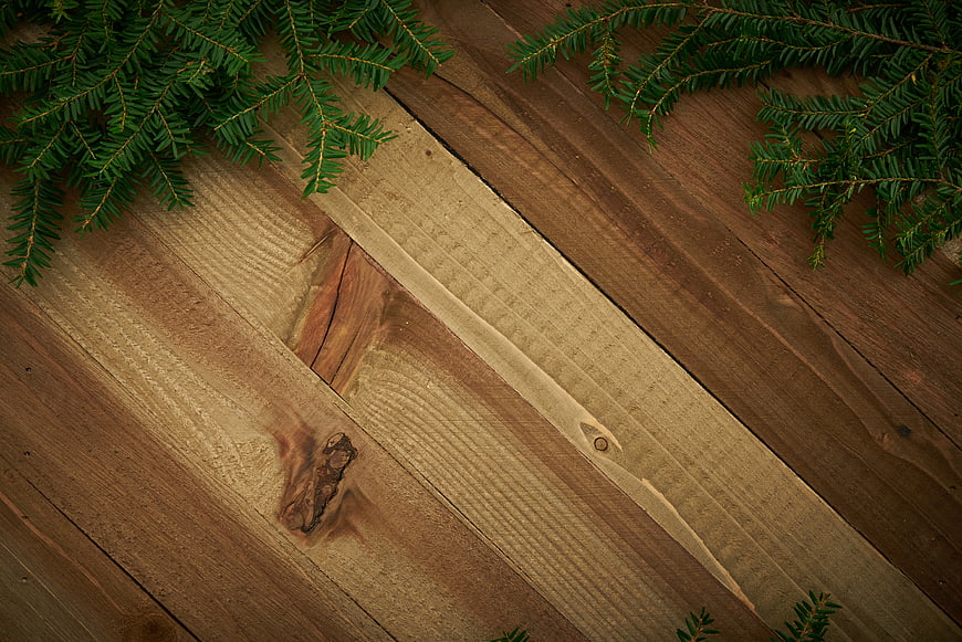 Rustic wooden background with pine branches and copy space