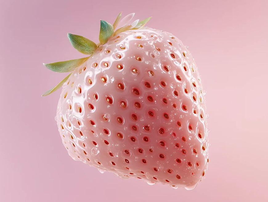 Hyper-Realistic Pink Strawberry with Dew Drops on Pastel Background
