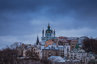 Orthodox Cathedral Cityscape Under Dramatic Cloudy Sky