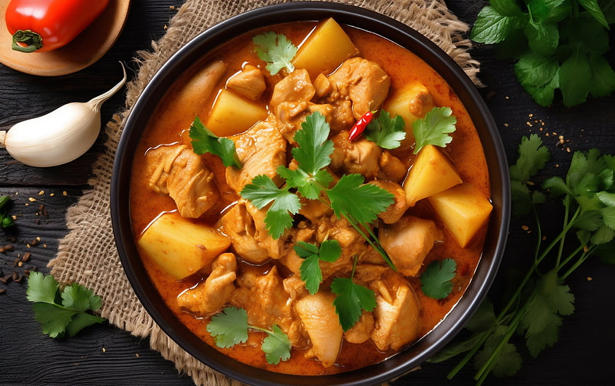 Overhead view of spicy chicken curry with potatoes and fresh herbs