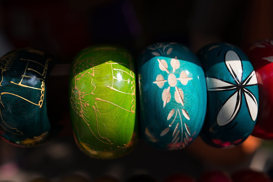 Close-up of colorful hand-painted wooden beads