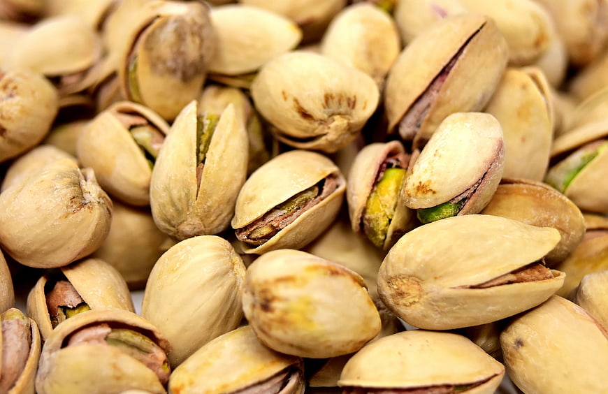 Close-up of roasted pistachios in shells