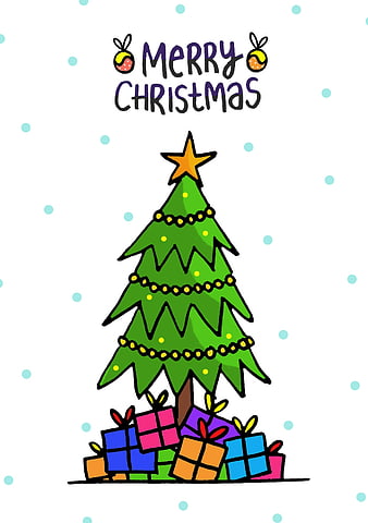 Cute Hand-Drawn Christmas Tree Illustration With Gifts And Merry Christmas Text