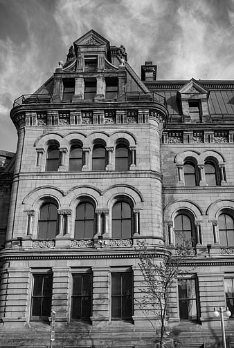 Black and white photo of ornate historic building facade