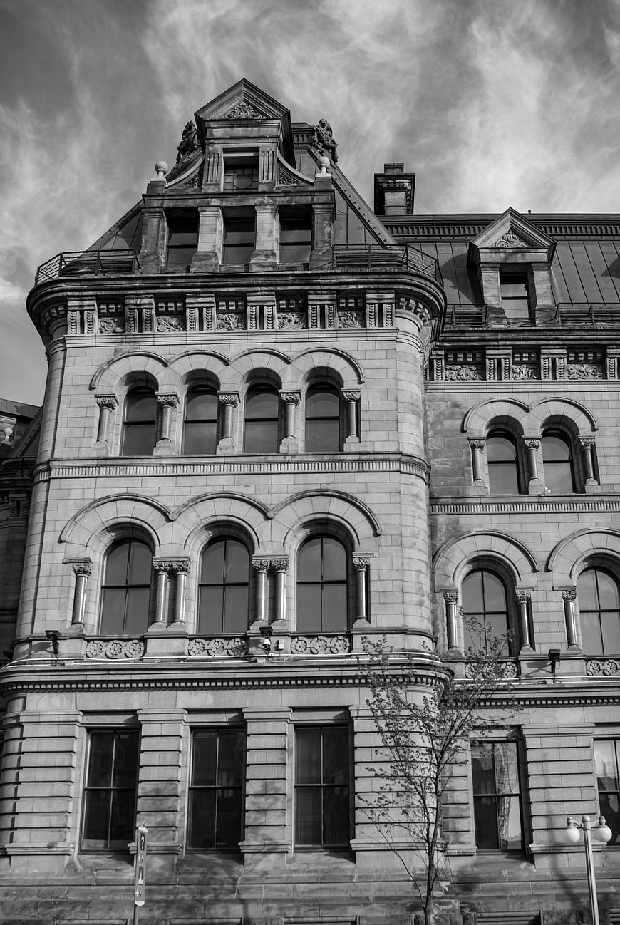 Black and white photo of ornate historic building facade