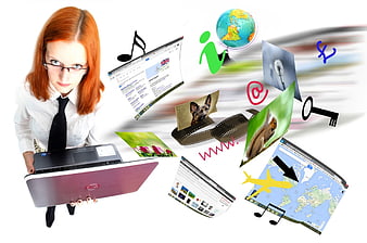 Woman with laptop and floating digital media icons