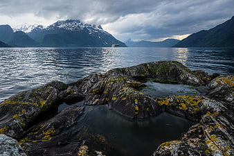 Dramatic Fjord Landscape with Mossy Rocks and Distant Cruise Ship