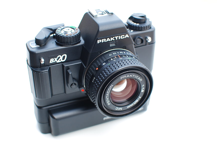 Vintage Praktica BX20 Film Camera on White Background
