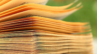Stack of vintage brown paper envelopes with blurred green background