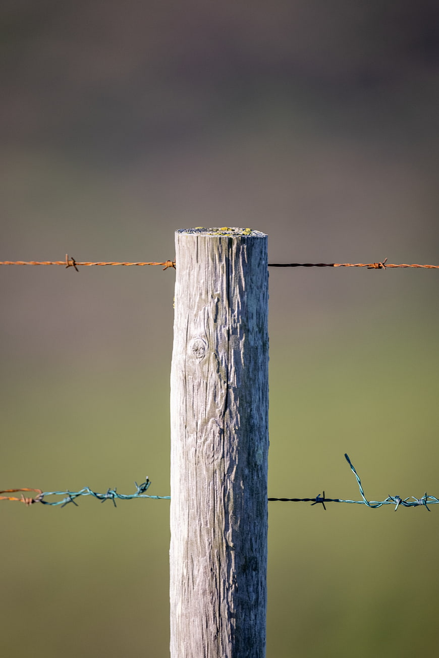 Weathered wooden fence post with barbed wire against blurred background
