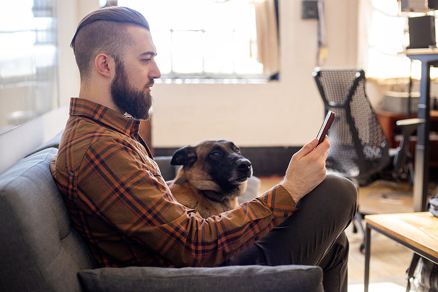 Man with beard using smartphone on couch with dog