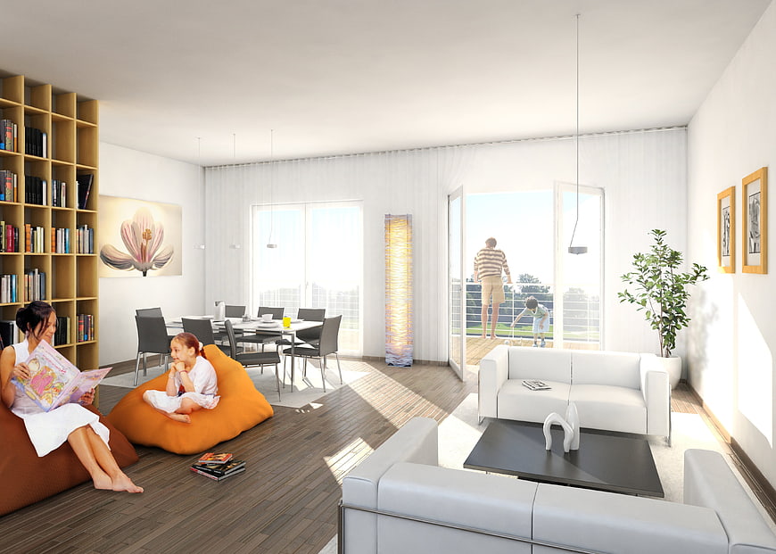 Modern family living room interior with balcony view