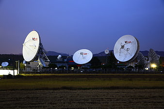 Satellite Earth Station Dishes at Dusk