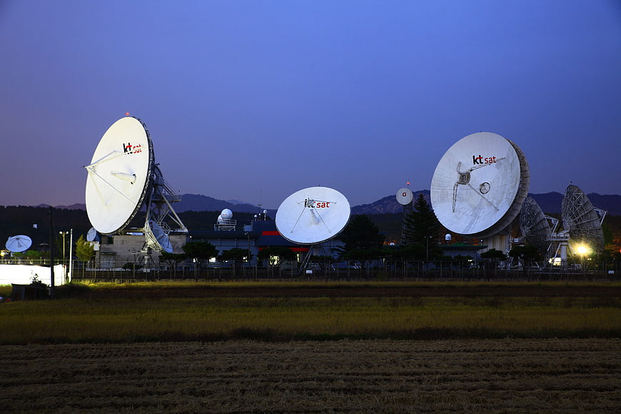 Satellite Earth Station Dishes at Dusk