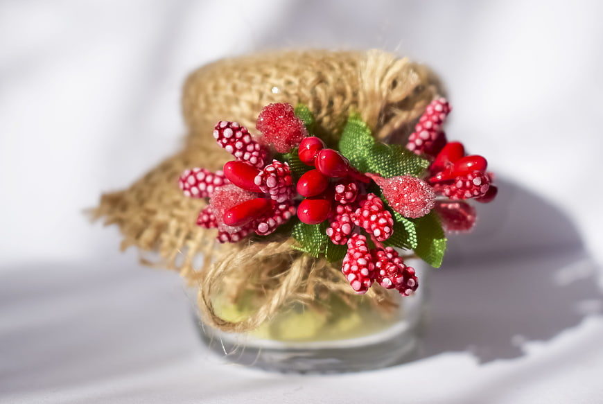 Christmas Gift Jar with Burlap and Red Berries