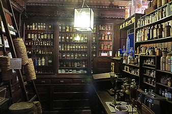 Vintage Apothecary Interior with Antique Medicine Bottles