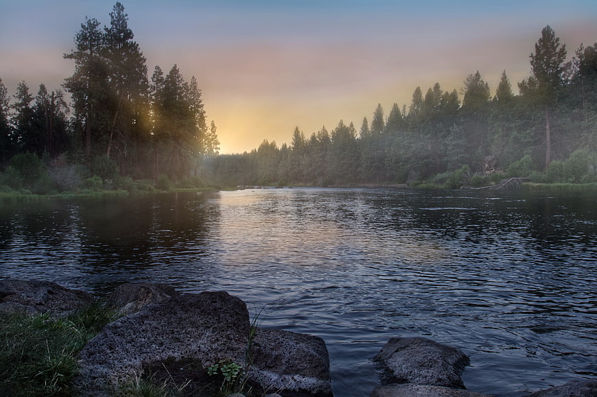 Serene River Landscape at Sunrise with Mist and Forest