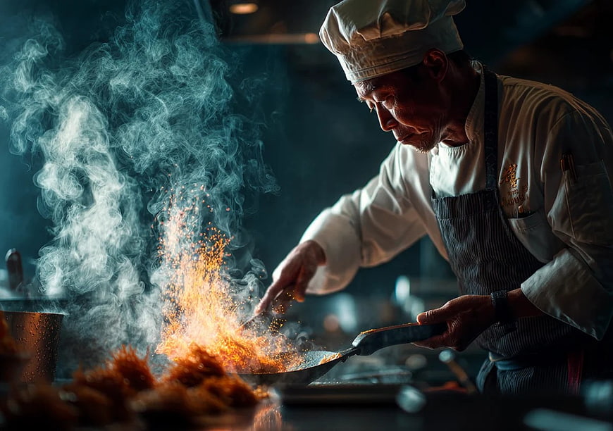 Chef Stir-Frying with Dramatic Flames and Smoke