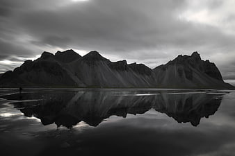 Black and White Icelandic Mountains Reflected in Calm Water