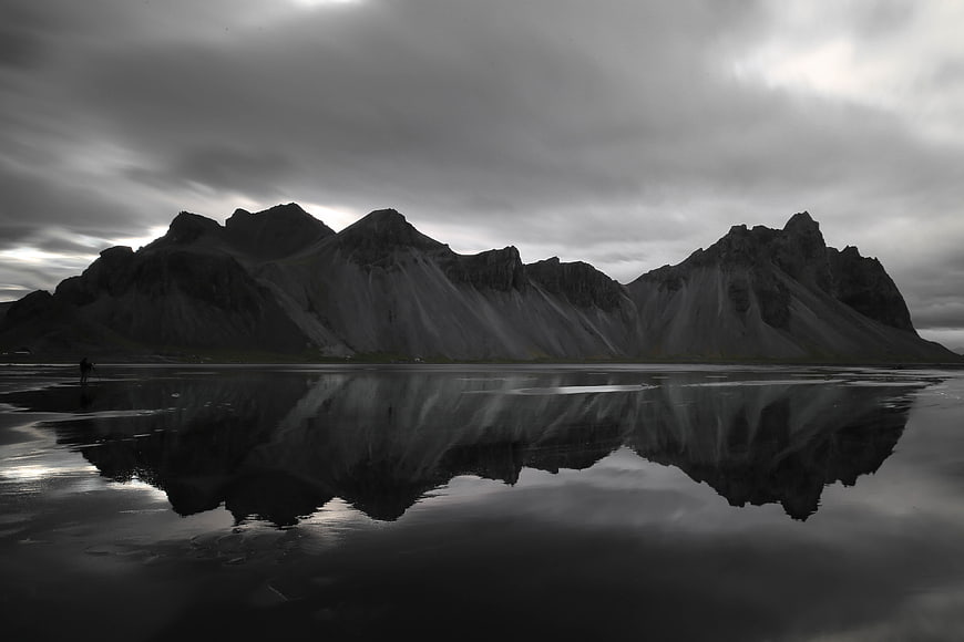 Black and White Icelandic Mountains Reflected in Calm Water