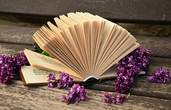 Open Book With Fanned Pages And Purple Lilac Flowers On Rustic Wood