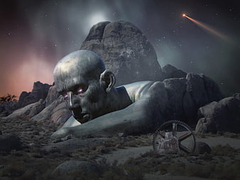Giant Metallic Alien Head Lying in Desert Landscape at Night