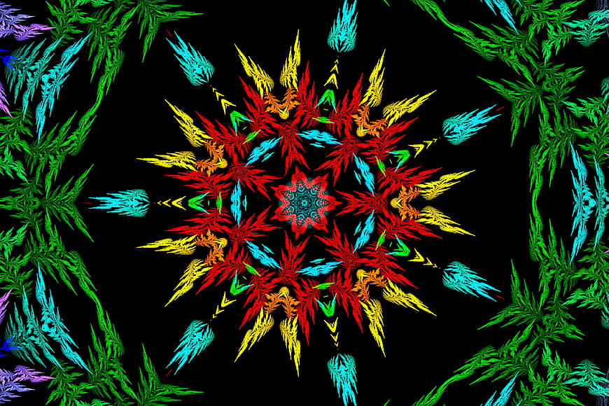 Vibrant multicolor kaleidoscope pattern on black background