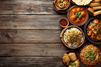 Top View Indian Food Feast on Rustic Wooden Table