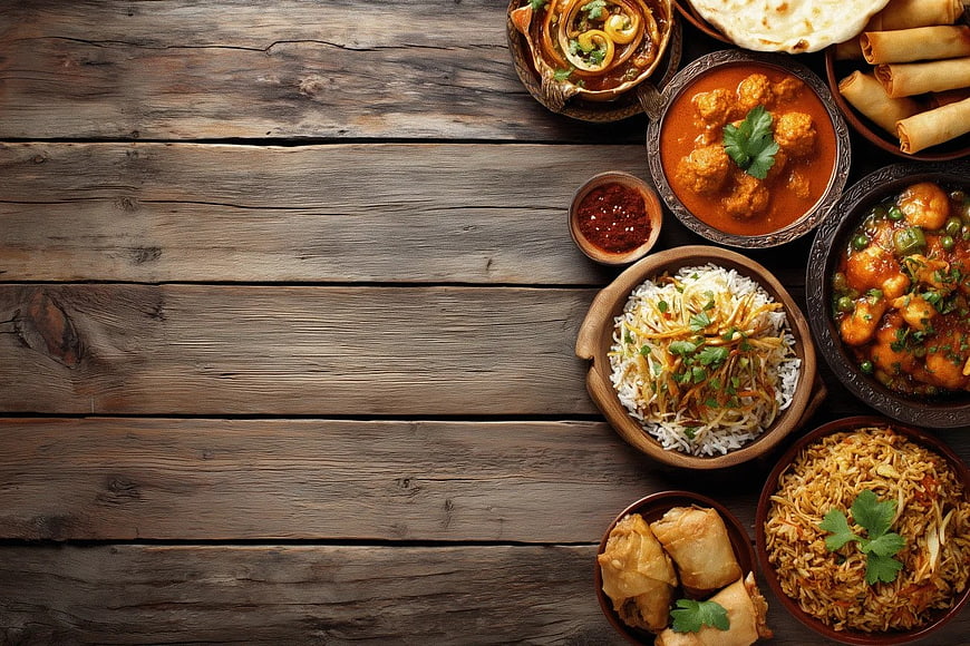 Top View Indian Food Feast on Rustic Wooden Table