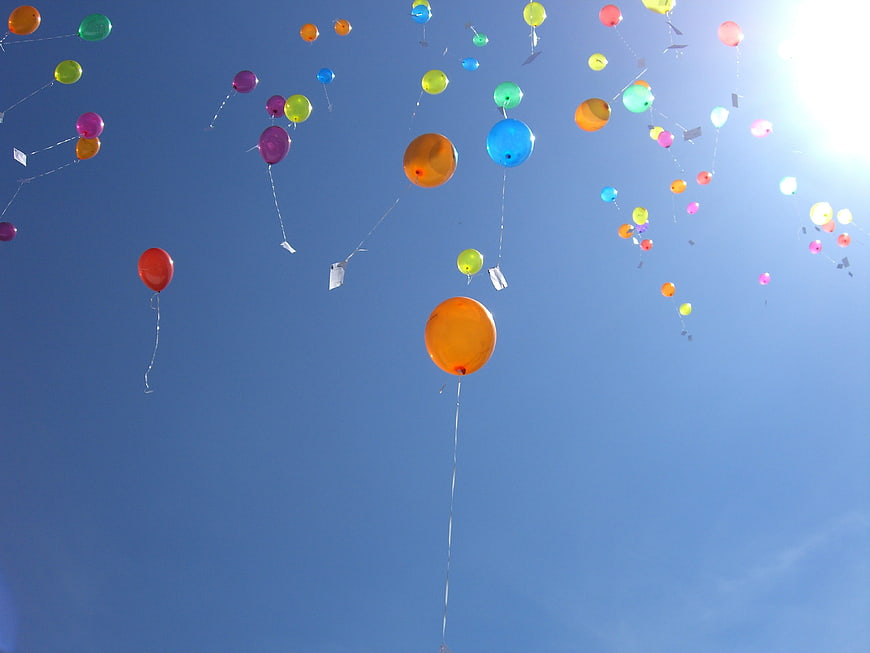 Colorful Balloons Floating In Blue Sky With Sunlight