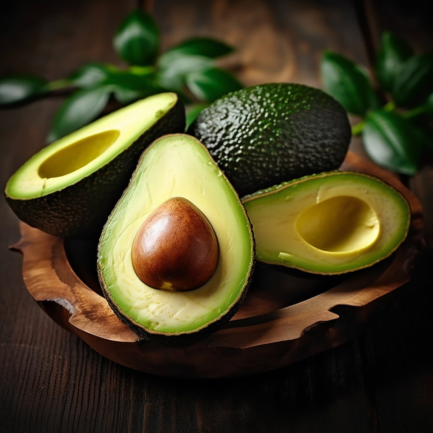 Fresh Avocados on Wooden Plate with Leaves