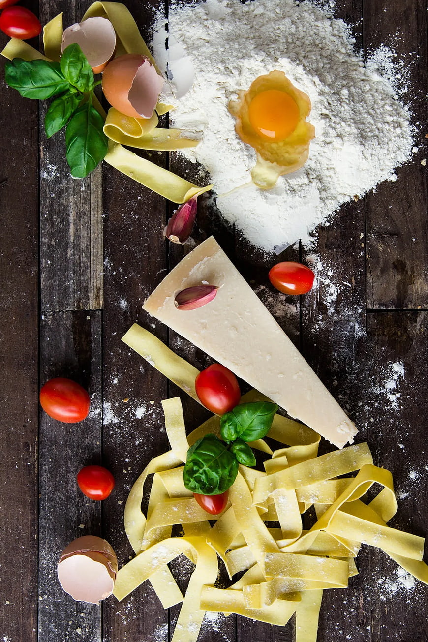 Fresh Pasta Ingredients Flat Lay on Dark Wood