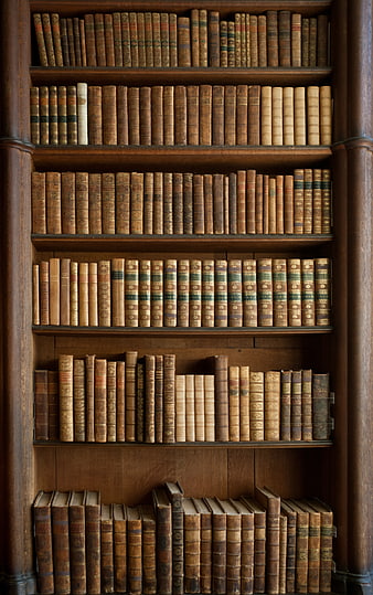 Antique leather-bound books on wooden library shelves